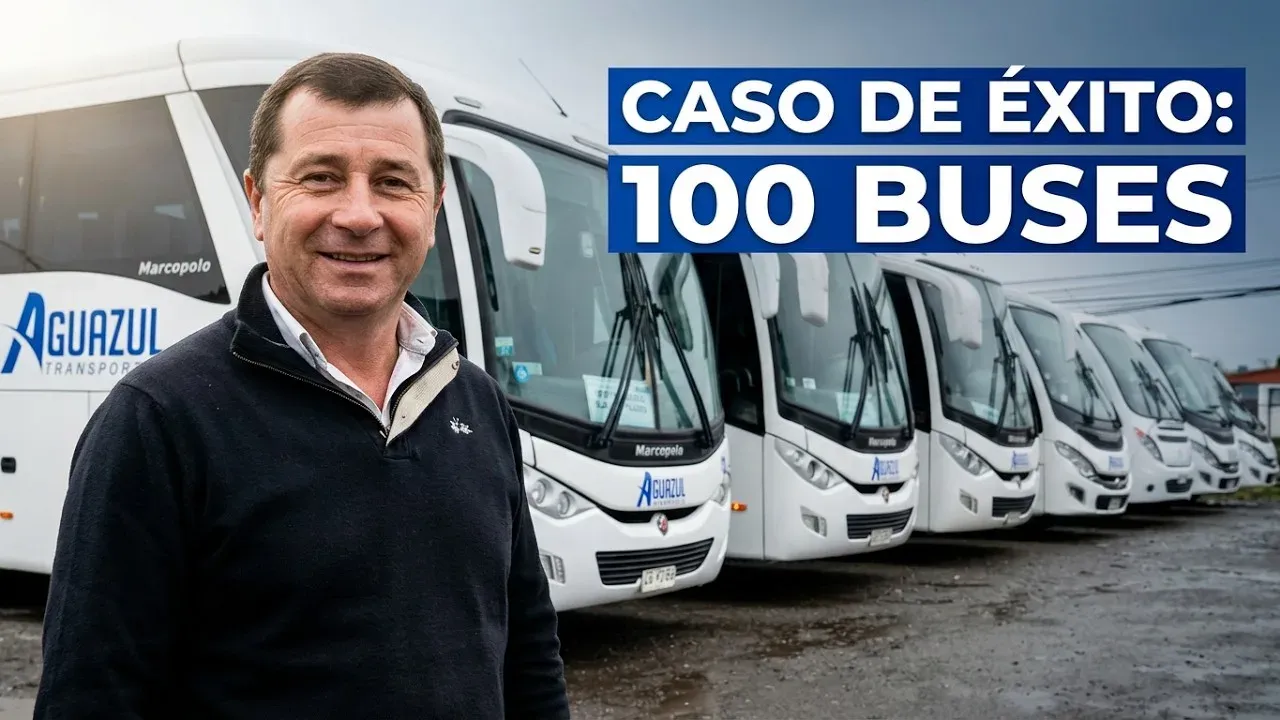 Sergio Bittner, fundador de Aguazul, junto a los buses de la empresa