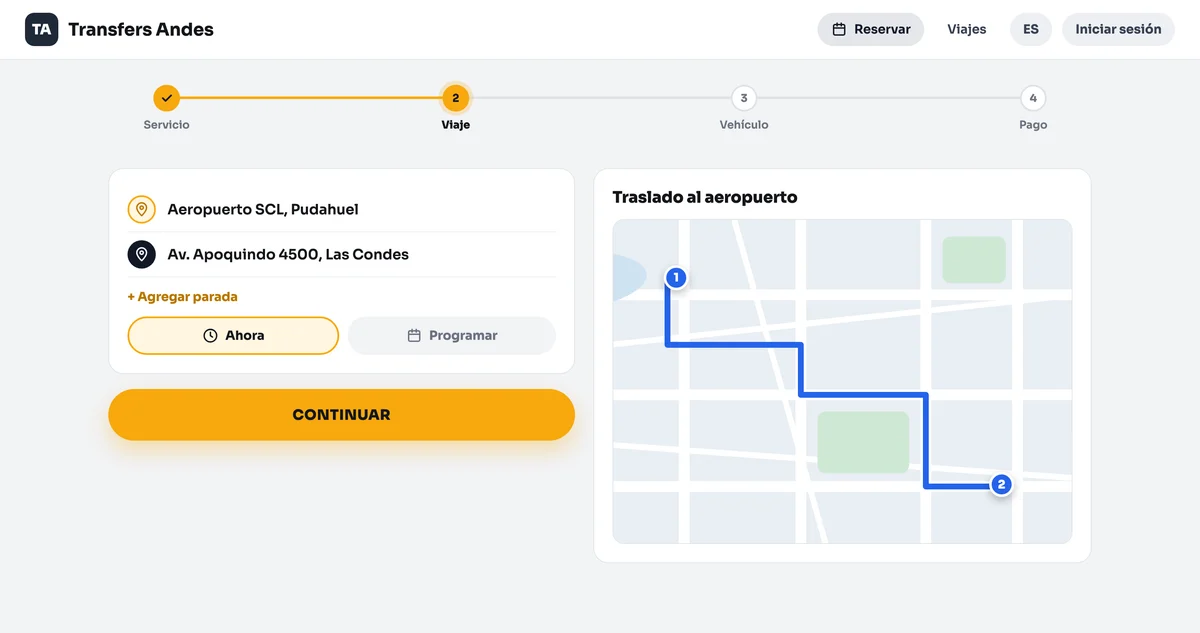 Paso Viaje con origen y destino a la izquierda y el mapa con la ruta a la derecha.