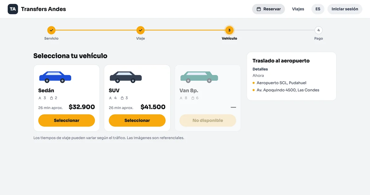 Paso Vehículo con tarjetas que muestran capacidad, tiempo estimado y precio.