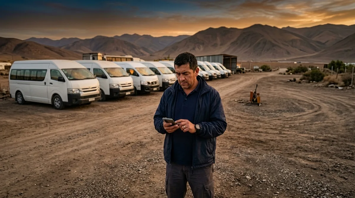 Dueño de una empresa de transporte revisa su celular al atardecer en un patio de tierra, con una fila de vans blancas y cerros áridos al fondo