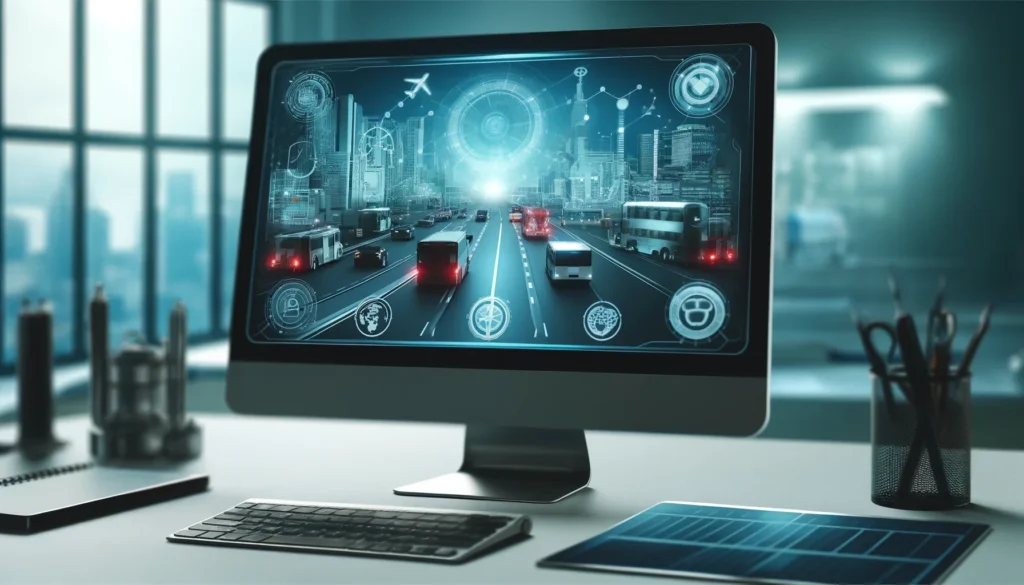 Ilustración de un monitor de escritorio con un panel futurista de buses y vehículos circulando por una carretera digital, con íconos de gestión de flota y una ciudad de fondo