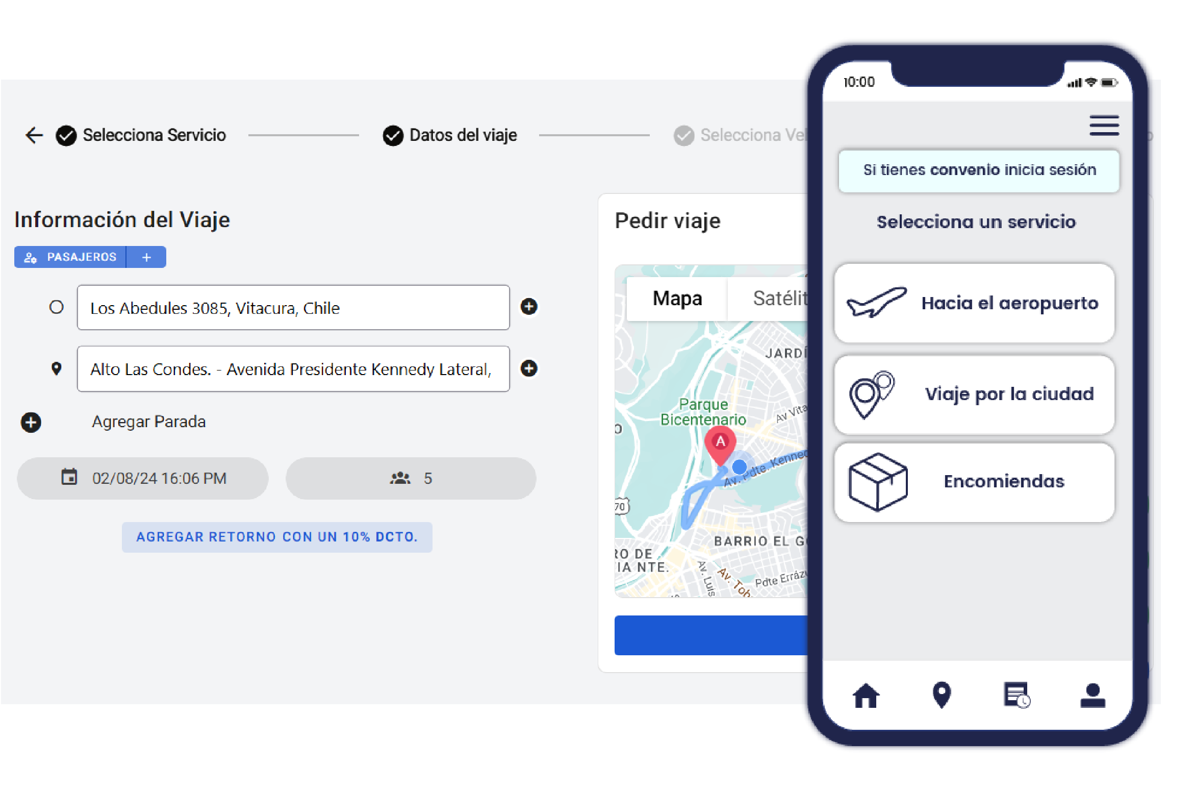 Portal web de reservas de Urvan con el formulario de datos del viaje y el mapa de la ruta, junto a la app del pasajero mostrando las opciones Hacia el aeropuerto, Viaje por la ciudad y Encomiendas